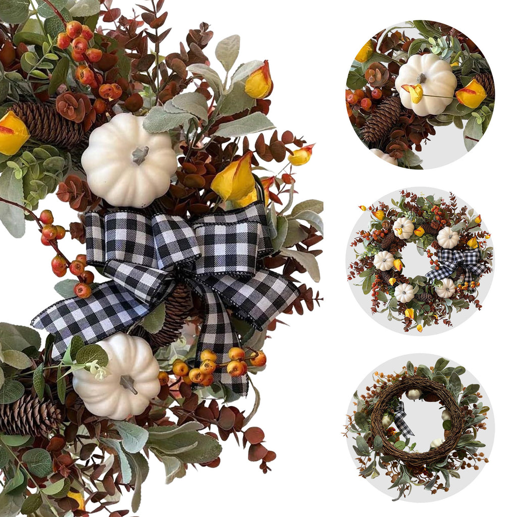 White Pumpkin & Buffalo Plaid Harvest Wreath