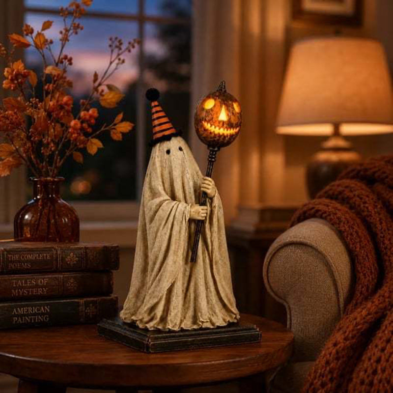 Lighted Vintage Ghost Pumpkin Staff Figurine Collection