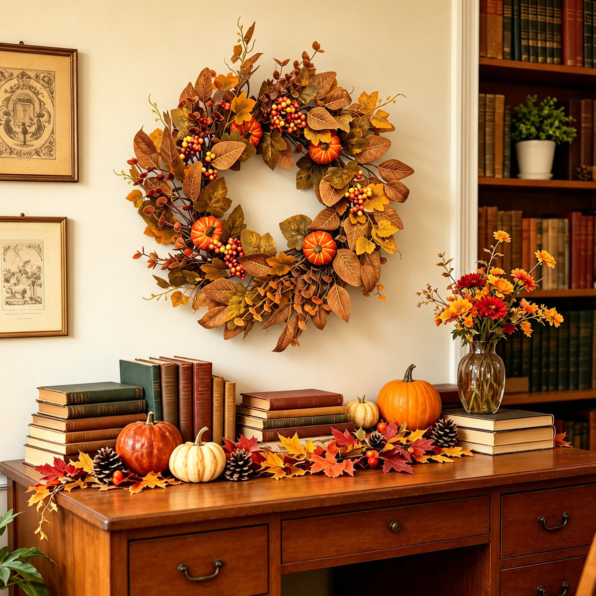 Golden Dollar Leaf & Pumpkin Harvest Wreath