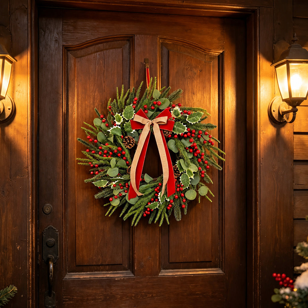 Red Berry, Pinecone & Ribbon Christmas Wreath