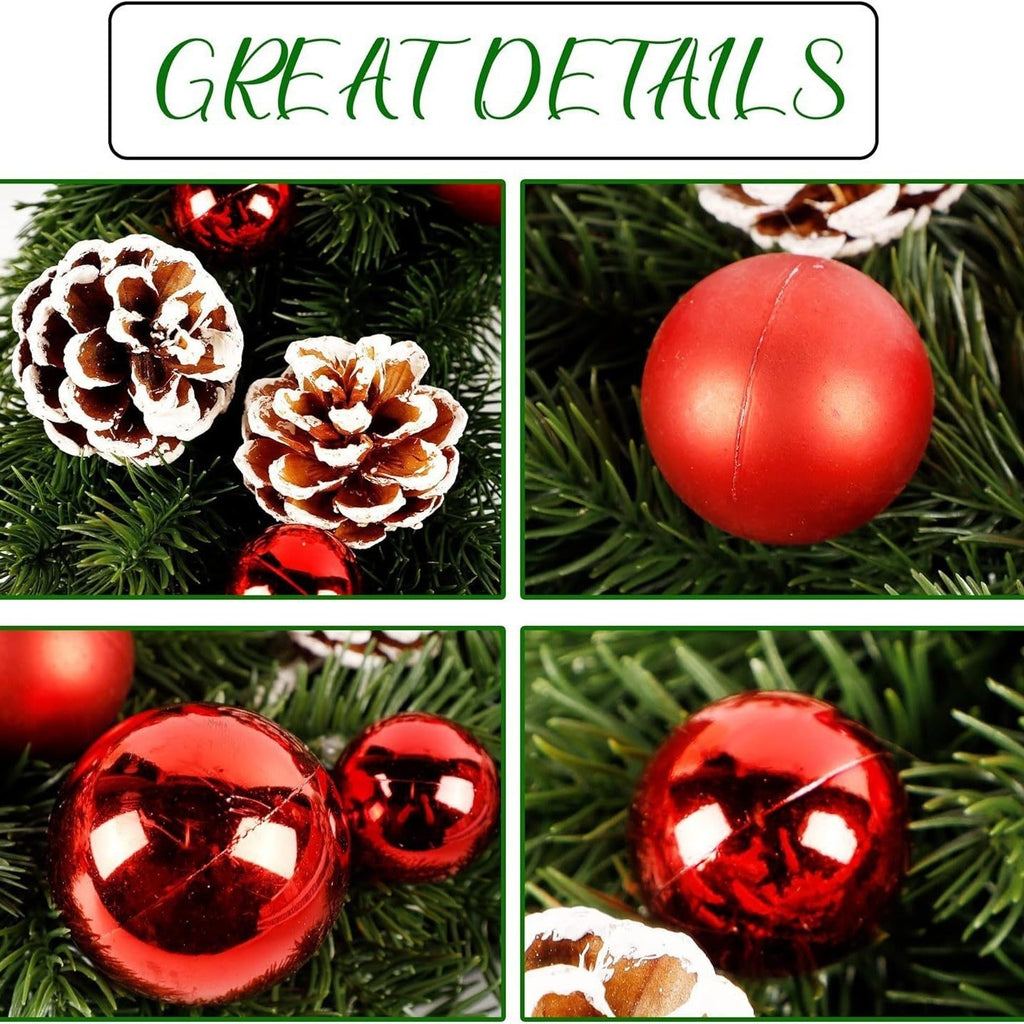 Lighted Red Ornament & Pinecone Christmas Wreath