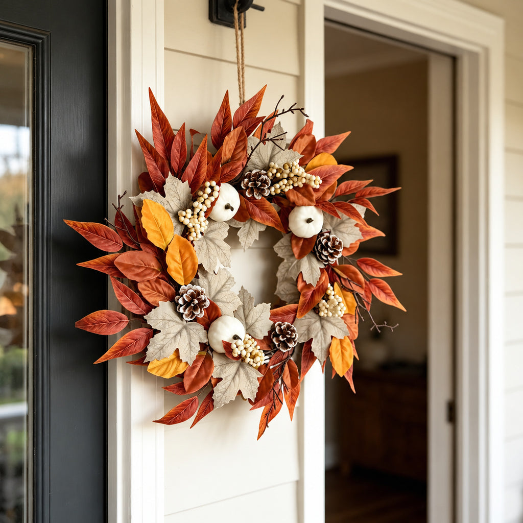 White Pumpkin, Berry & Maple Leaf Autumn Wreath