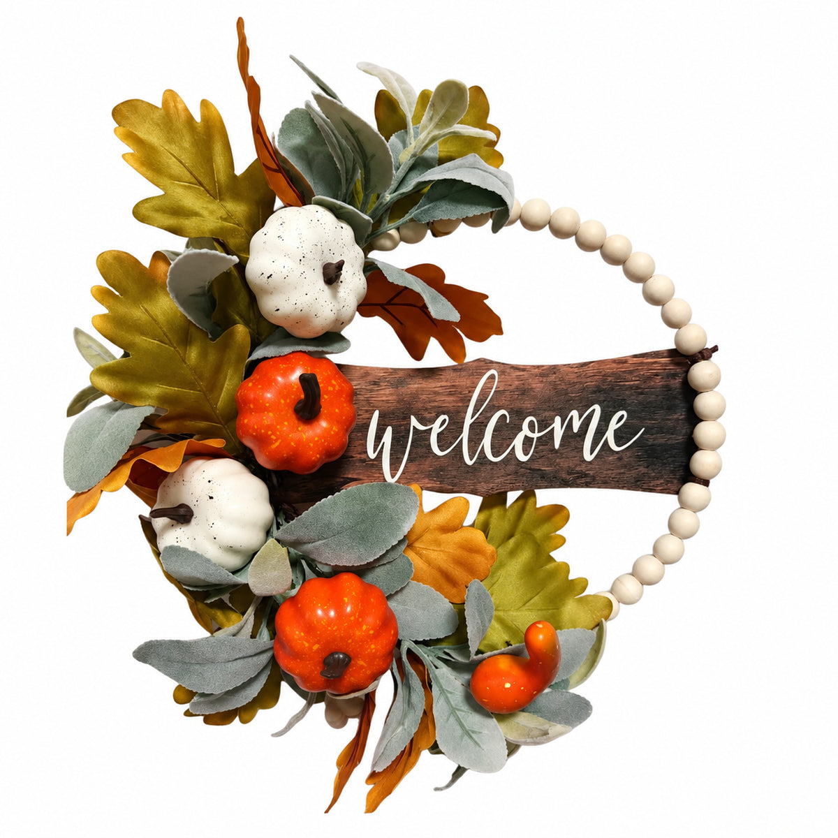 Pumpkin, Cotton & Beaded Welcome Autumn Wreath