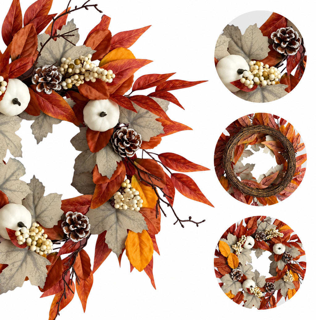 White Pumpkin, Berry & Maple Leaf Autumn Wreath