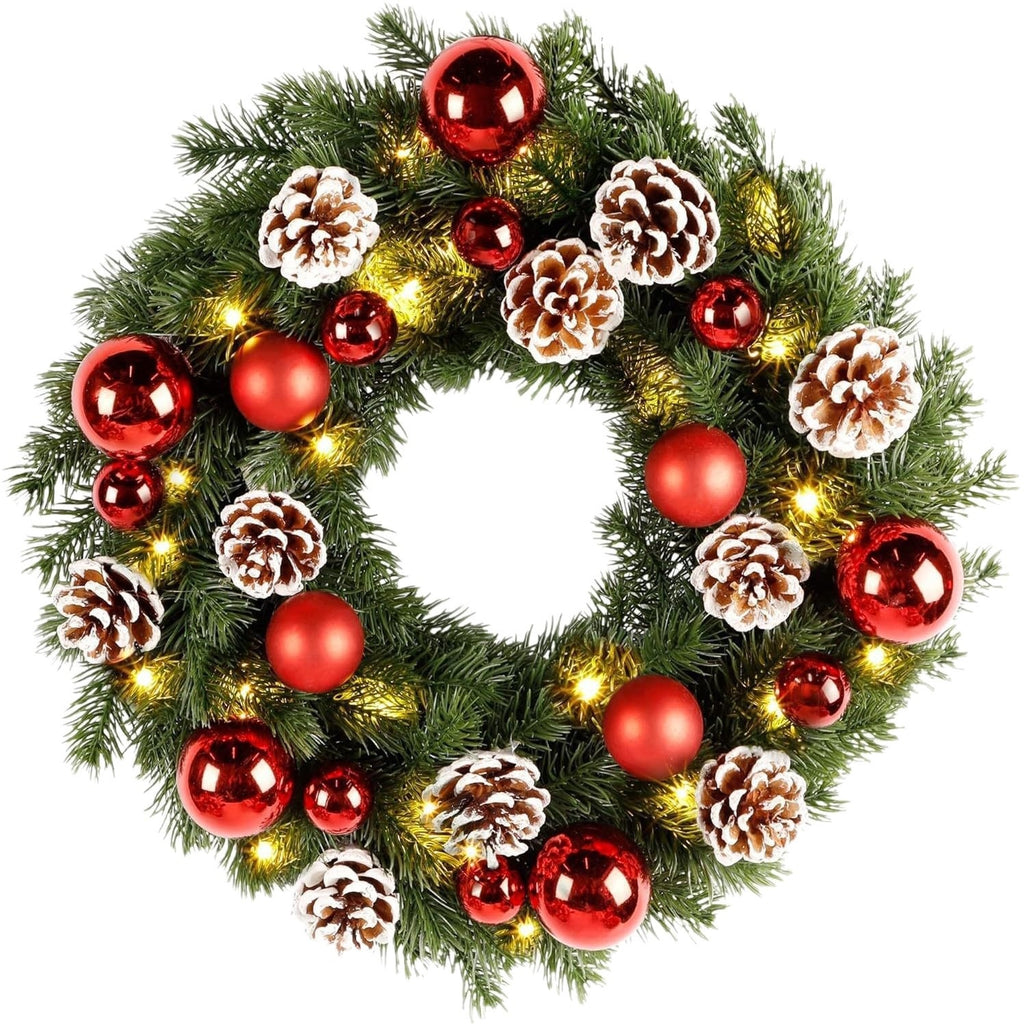 Lighted Red Ornament & Pinecone Christmas Wreath