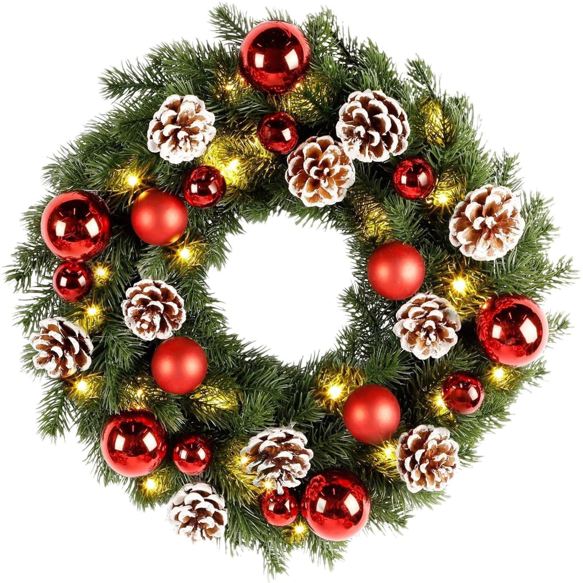 Lighted Red Ornament & Pinecone Christmas Wreath
