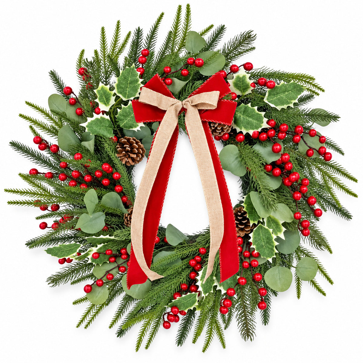 Red Berry, Pinecone & Ribbon Christmas Wreath