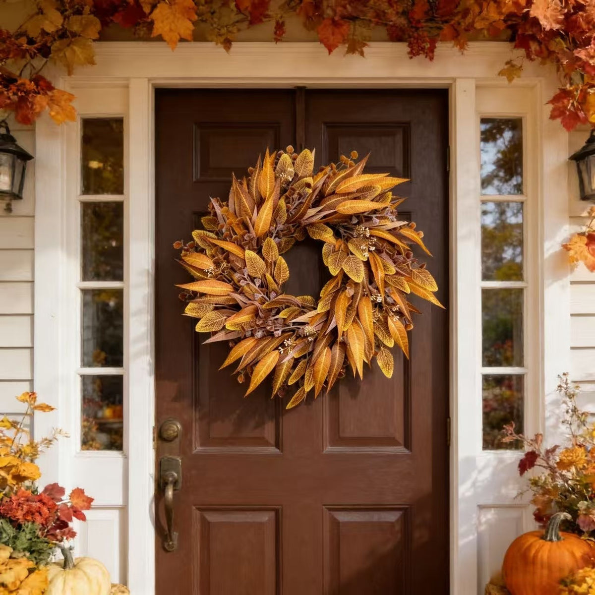 EVERIVELLE Artificial Autumn Amber Leaf Wreath