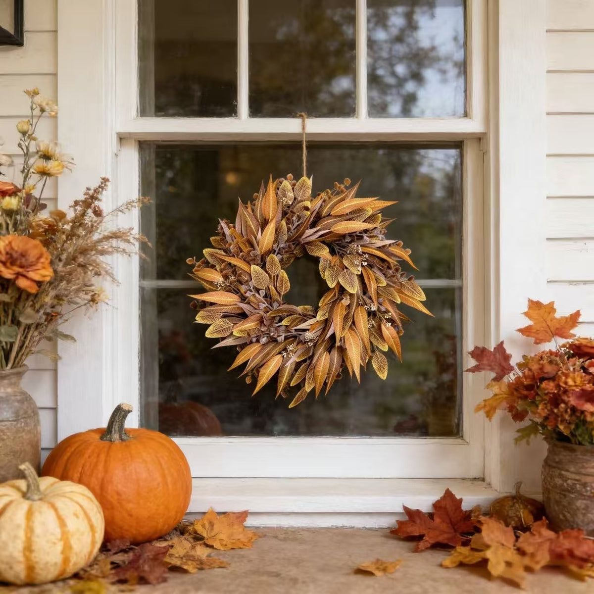 EVERIVELLE Artificial Autumn Amber Leaf Wreath