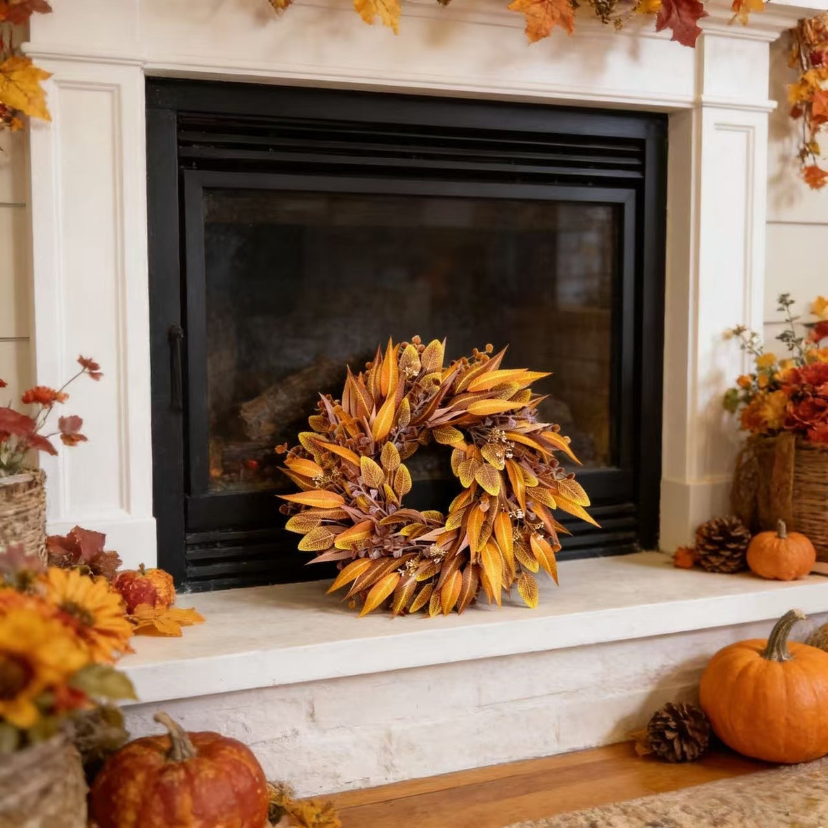 EVERIVELLE Artificial Autumn Amber Leaf Wreath