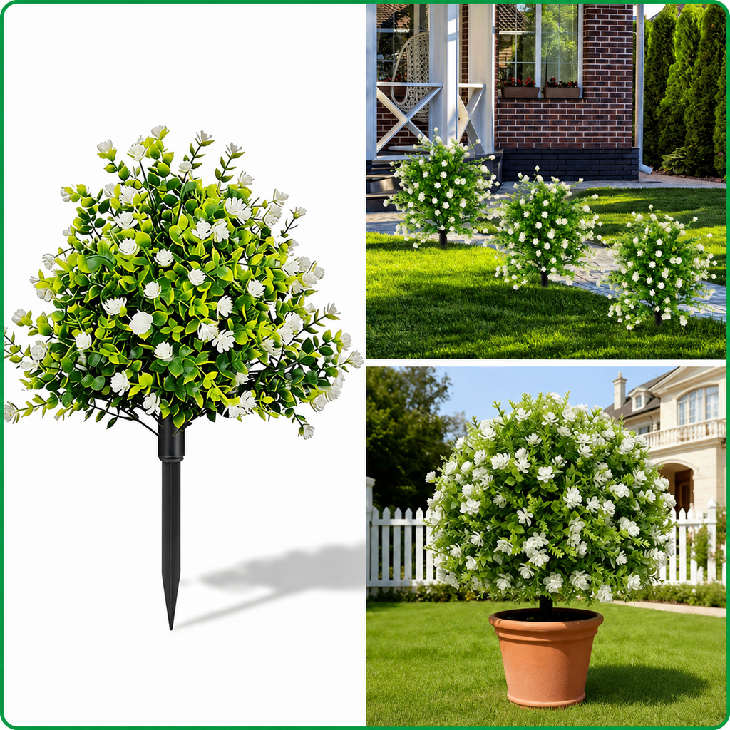 EVERIVELLE Artificial White Camellia & Eucalyptus Garden Stake