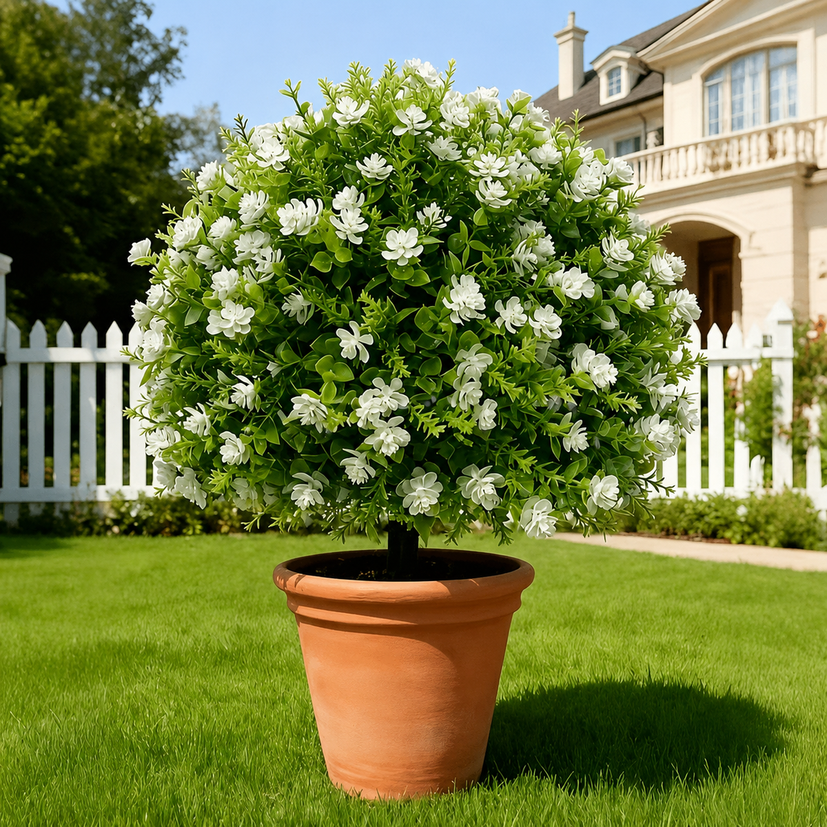 EVERIVELLE Artificial White Camellia & Eucalyptus Garden Stake
