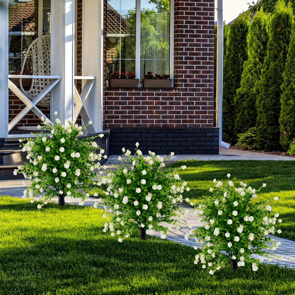 EVERIVELLE Artificial White Camellia & Eucalyptus Garden Stake