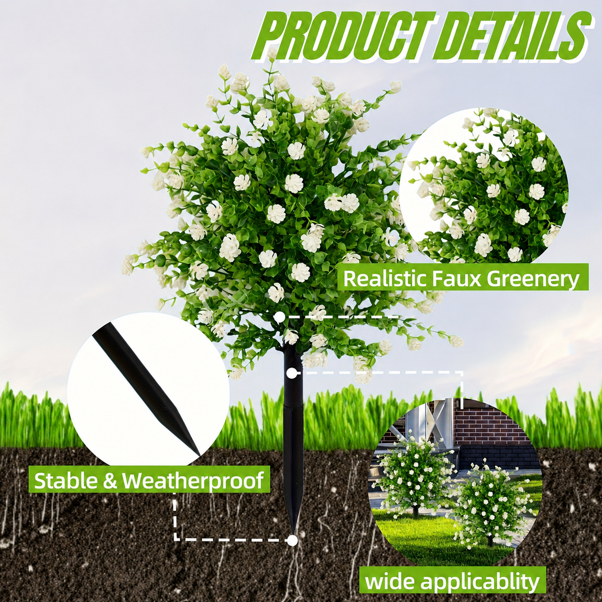 EVERIVELLE Artificial White Camellia & Eucalyptus Garden Stake