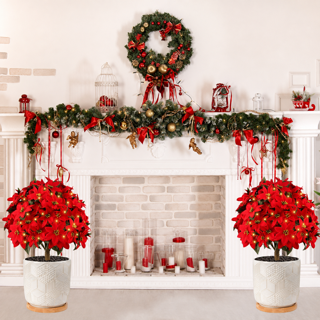 Artificial poinsettia stake christmas mantel