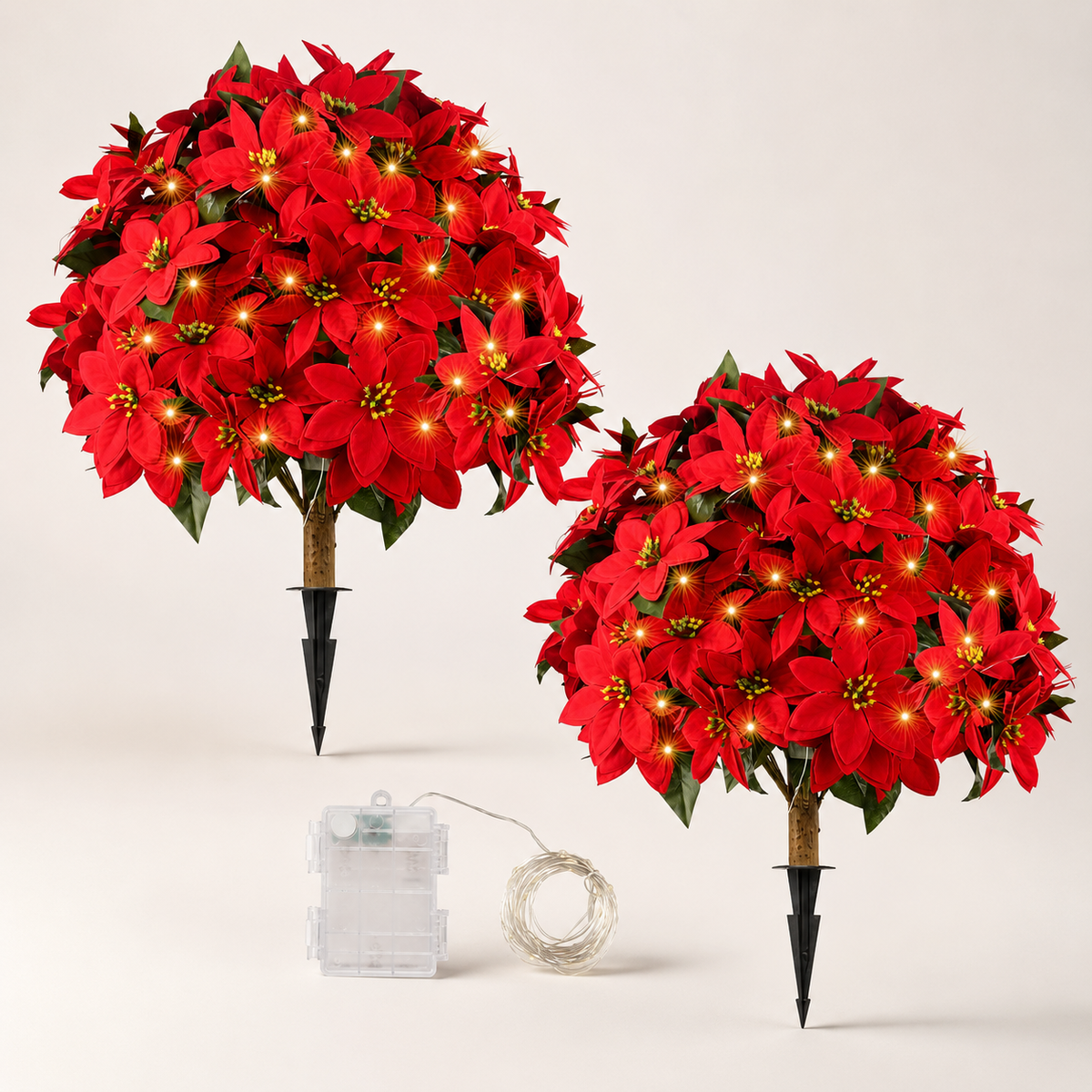 Artificial poinsettia stake red with lights