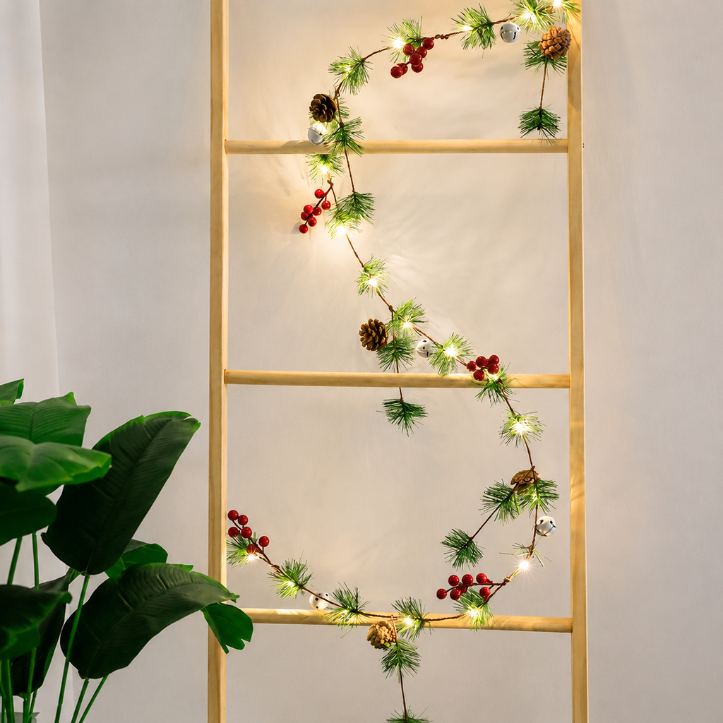 Berry pine garland warm white lights ladder