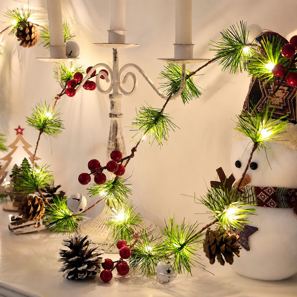 Berry pine garland warm white lights snowman