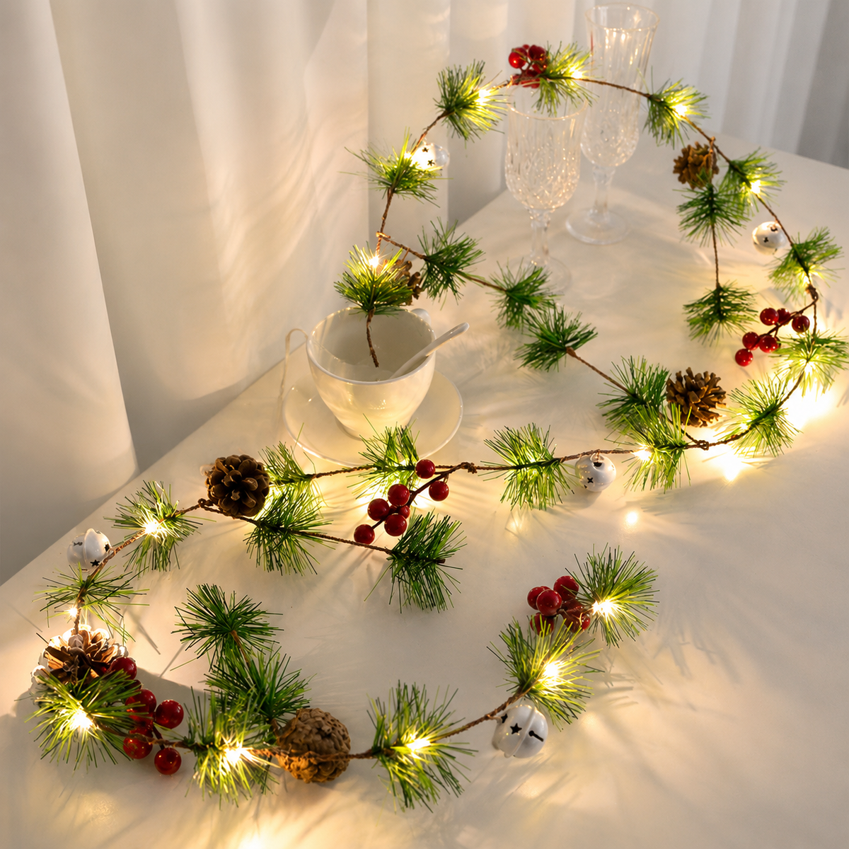 Berry pine garland warm white lights tabletop