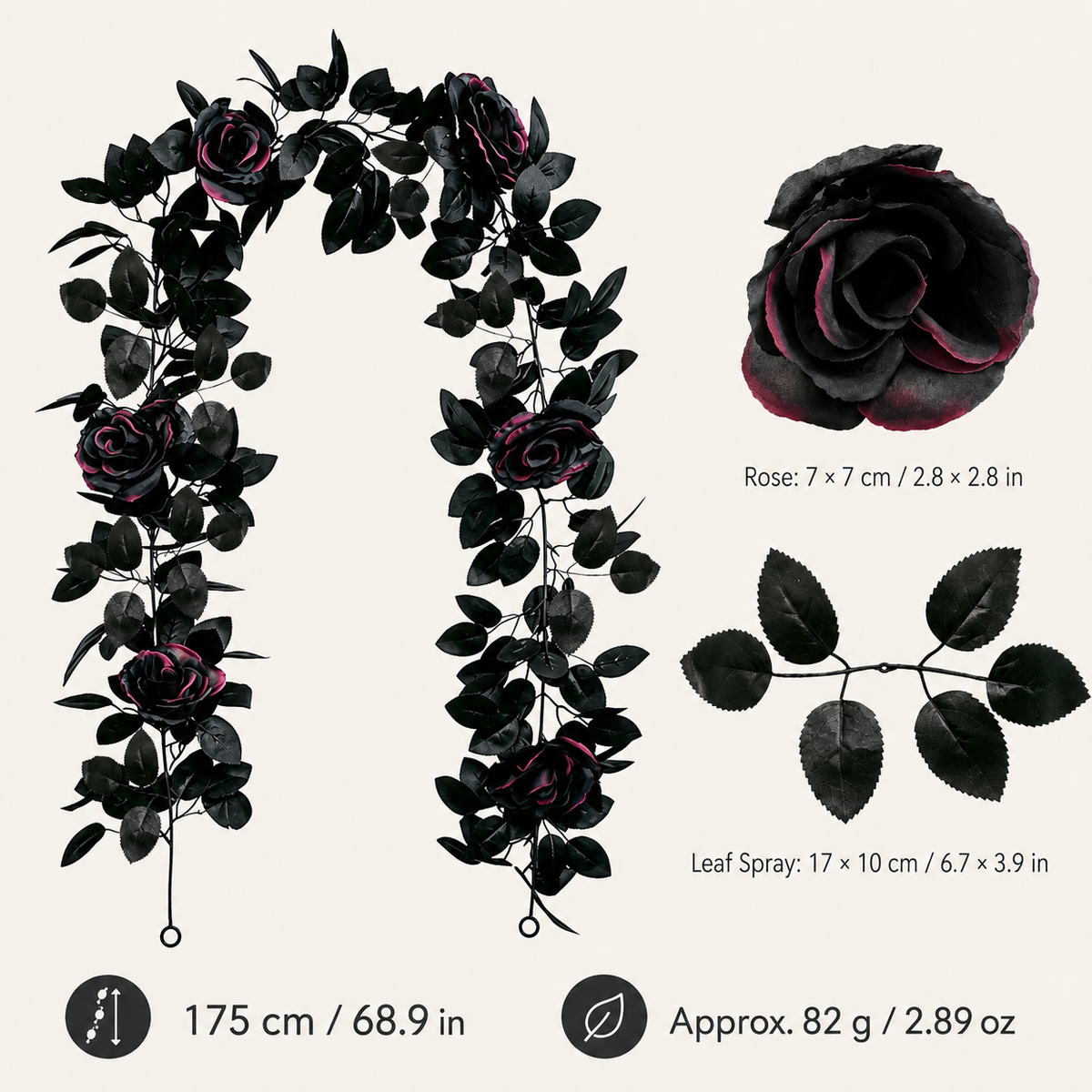 Black rose burgundy edge garland 175cm specs