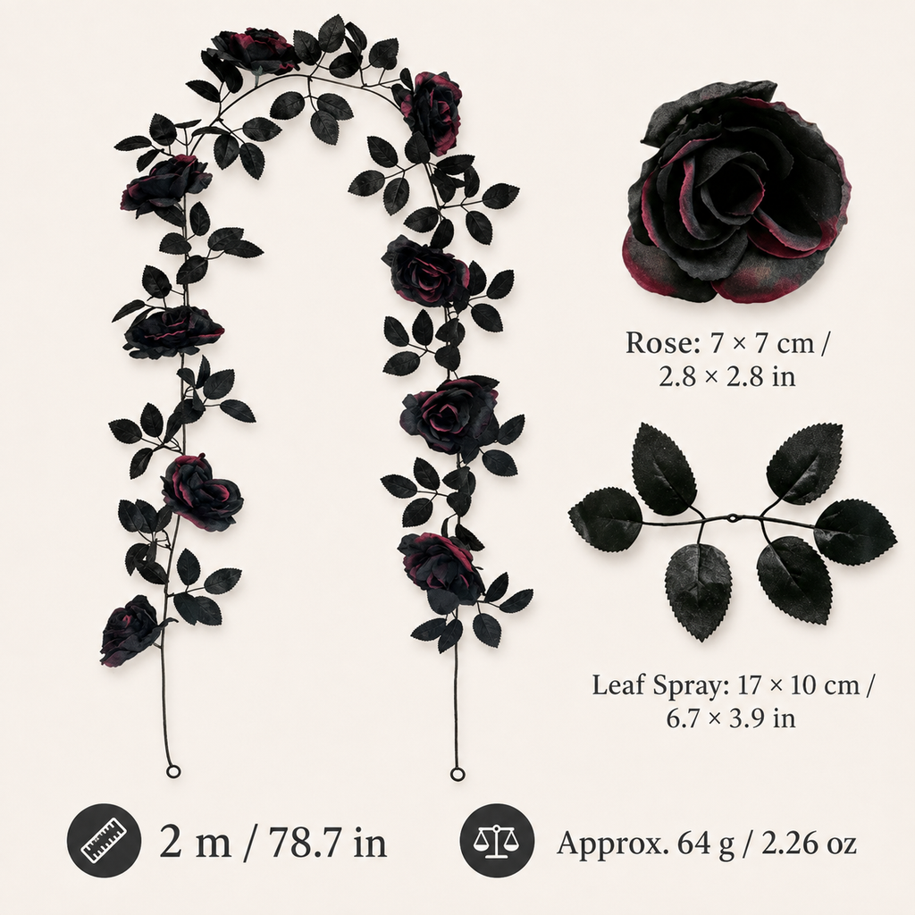Black rose burgundy edge garland 2m specs