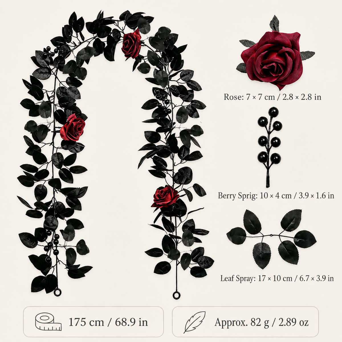 Burgundy rose black berry garland 175cm specs