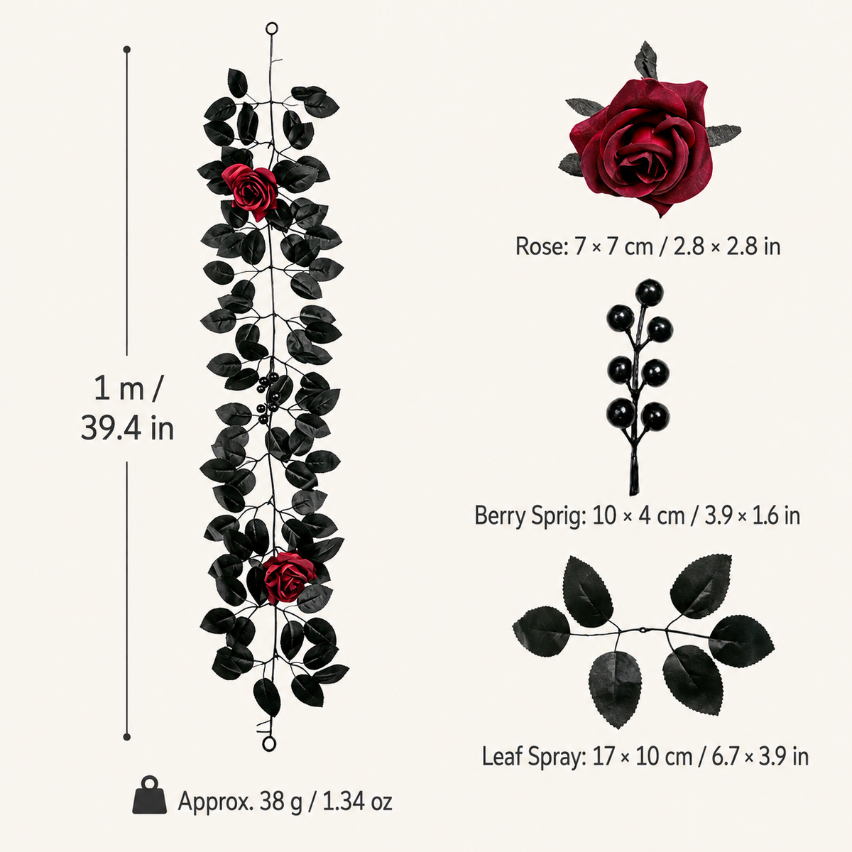Burgundy rose black berry garland 1m specs