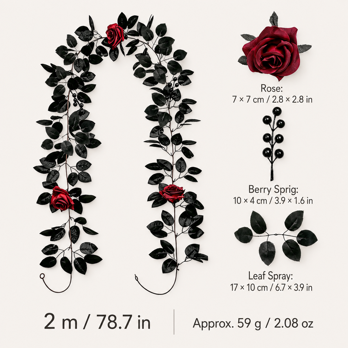 Burgundy rose black berry garland 2m specs
