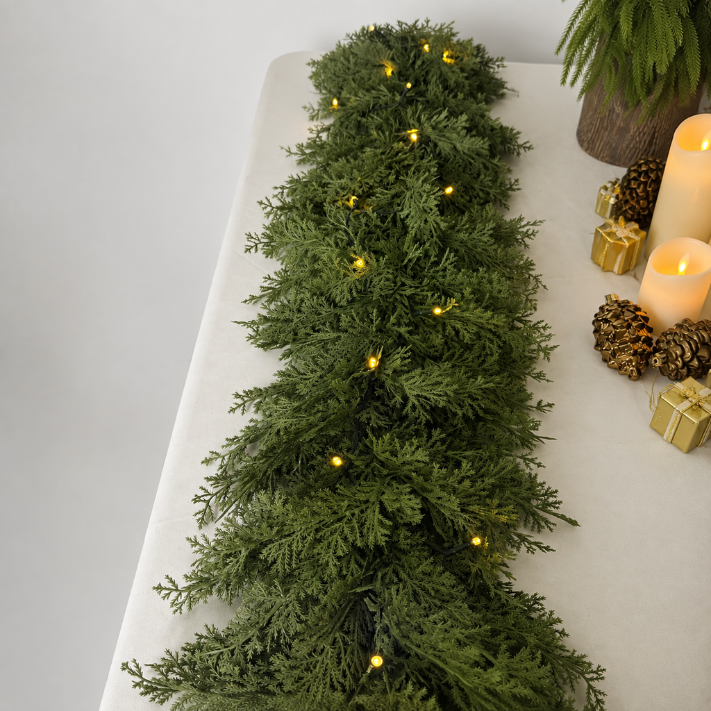 Cedar garland green warm lights closeup