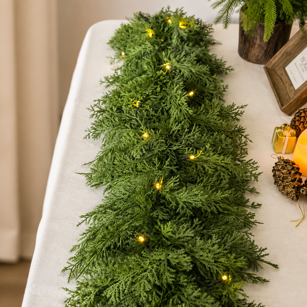 Cedar garland green warm lights detail