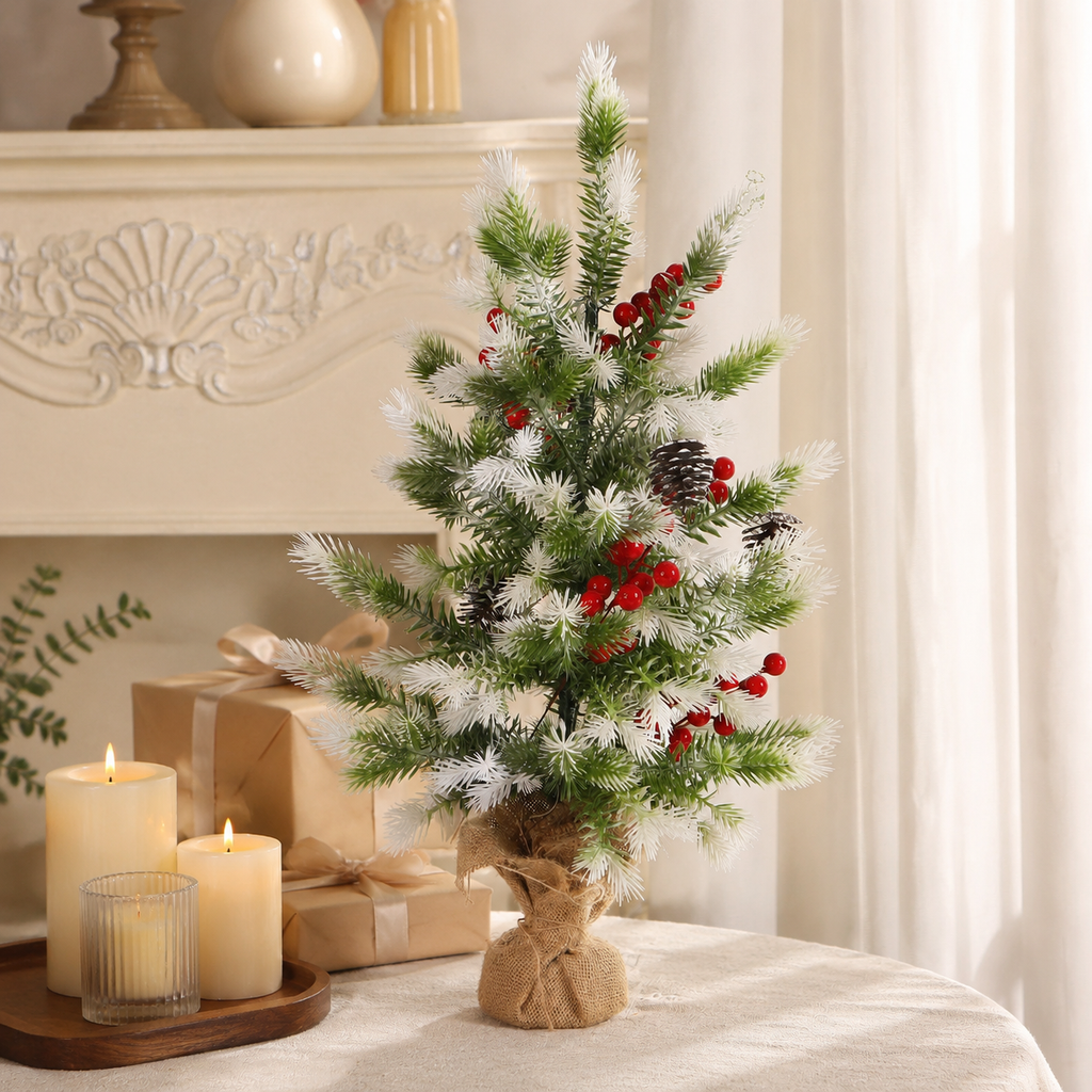 Decorated mini flocked tree gift table lifestyle