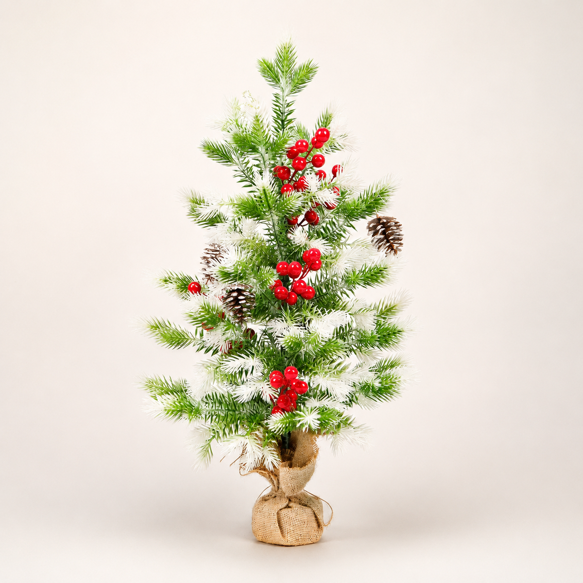 Decorated mini flocked tree red berries pinecones main