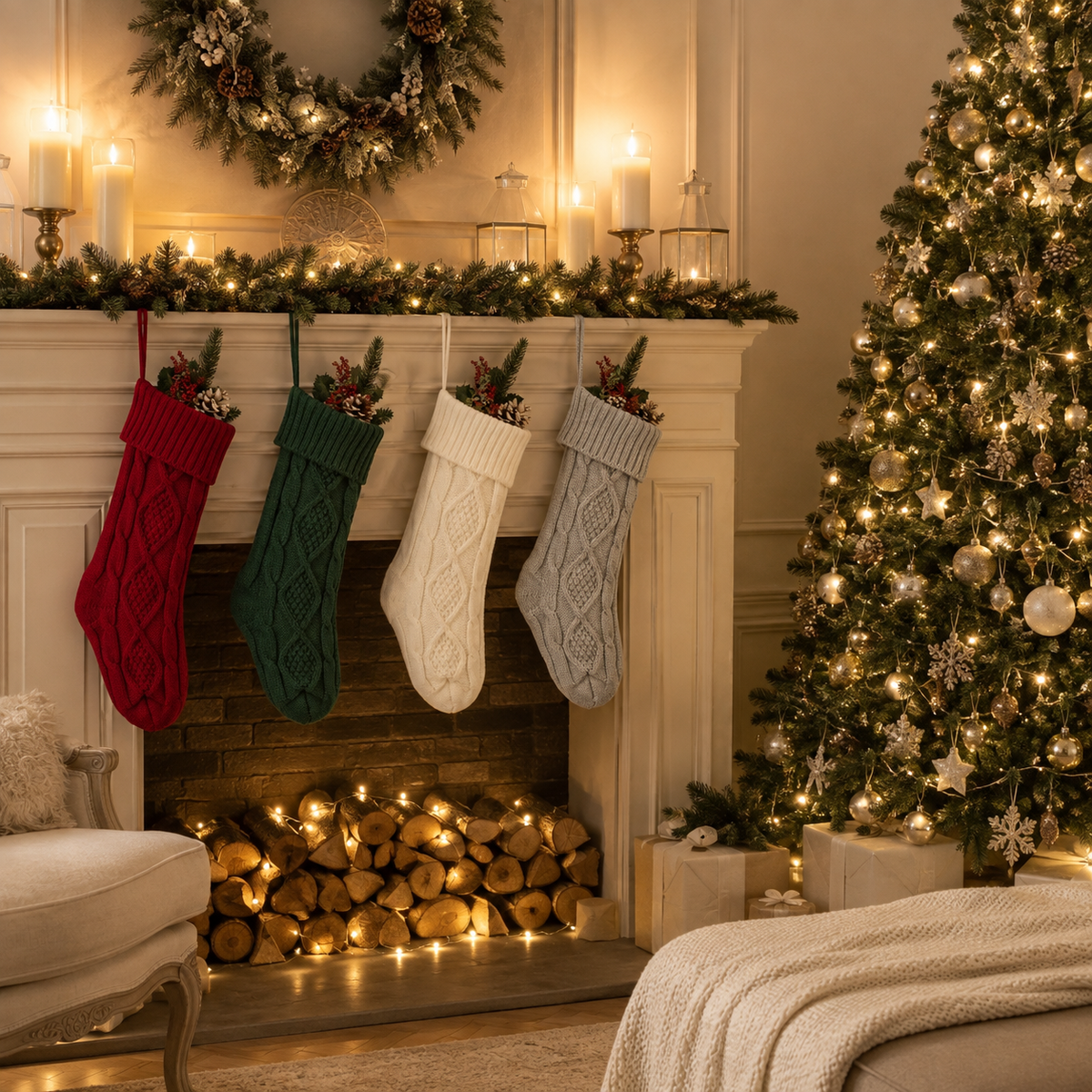 Diamond knit stockings fireplace four colors