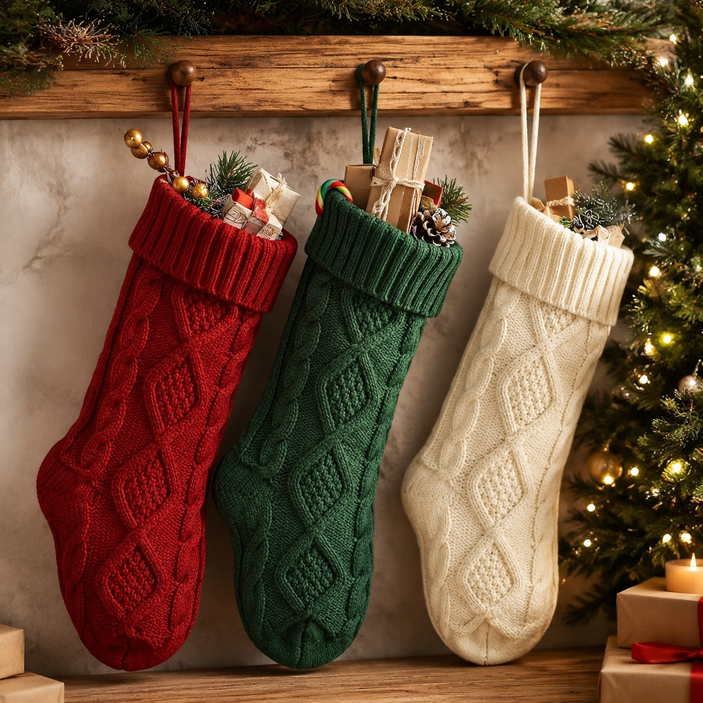 Diamond knit stockings gift filled holiday display