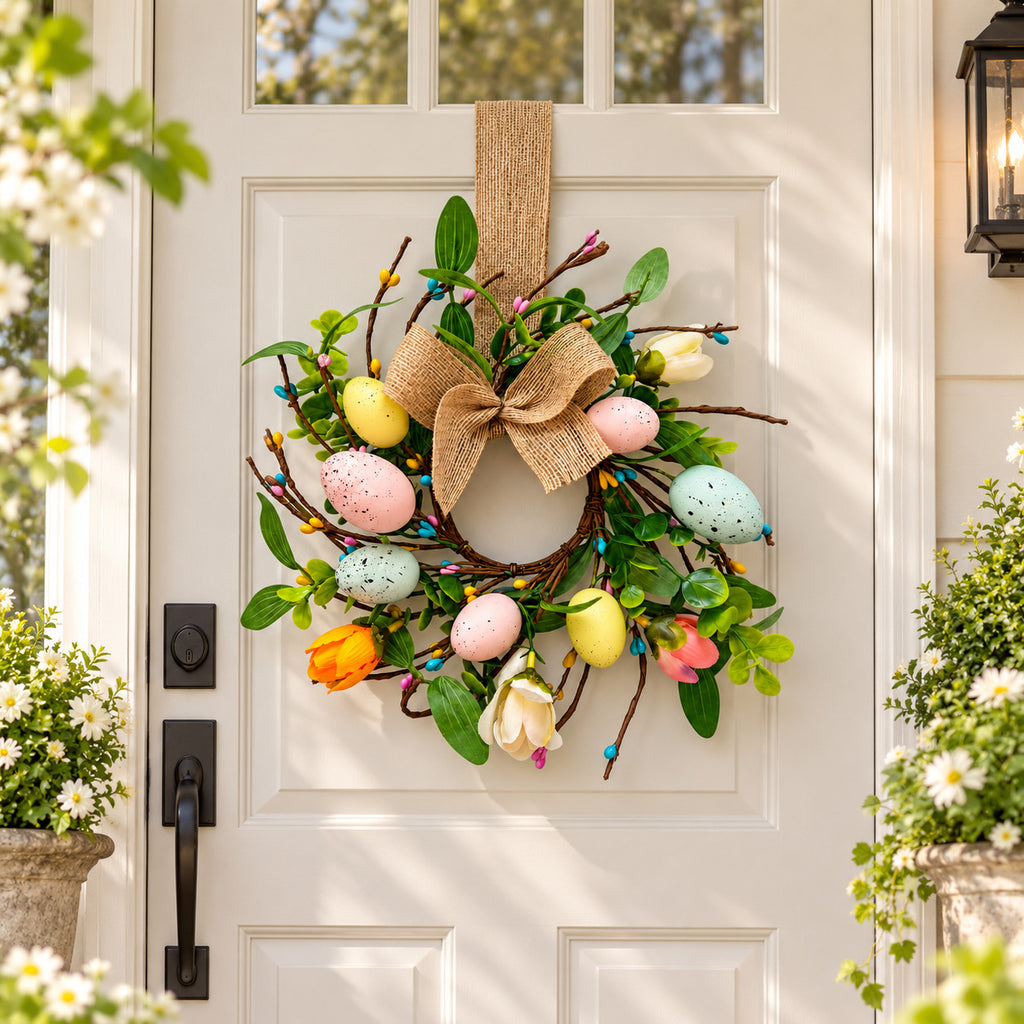 Easter Egg & Burlap Bow Hanging Wreath