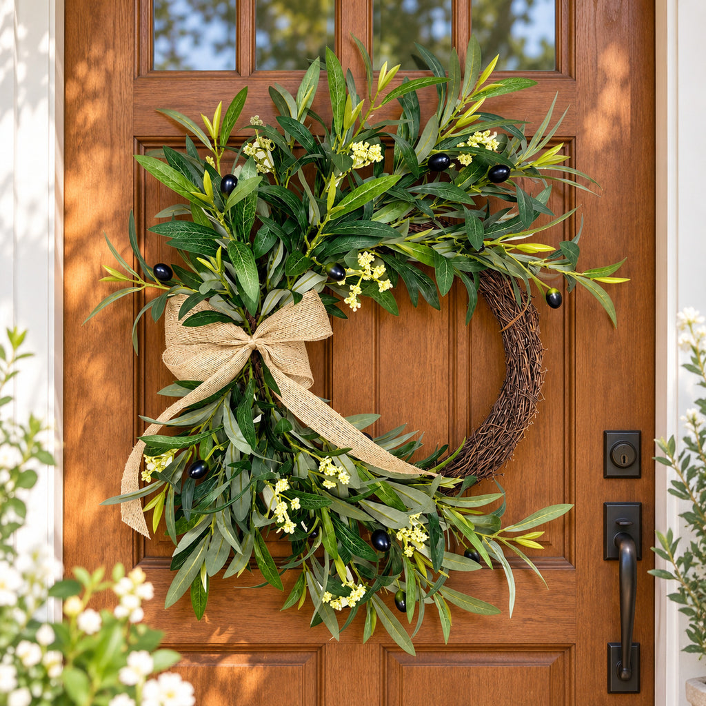 Olive Branch & Burlap Bow Wreath Collection