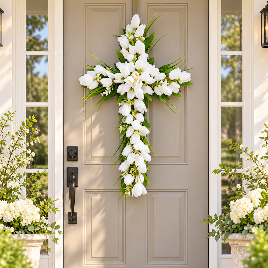 White Tulip Easter Cross Wreath