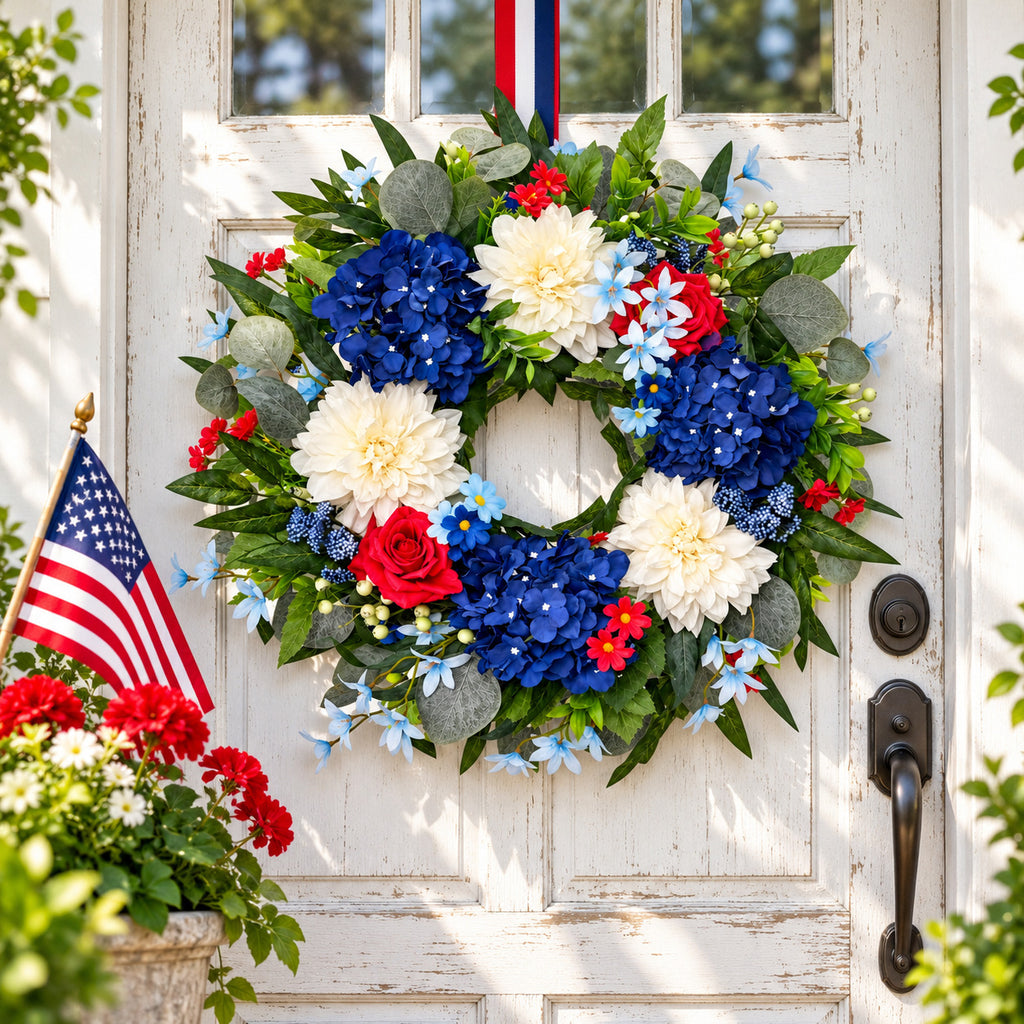 Red, White & Blue Hydrangea Patriotic Wreath