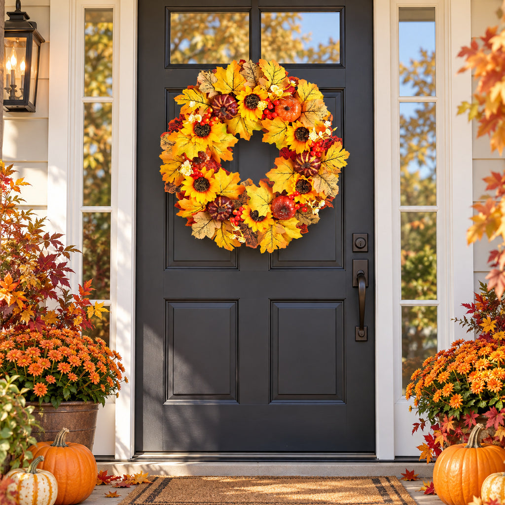 Fall Sunflower, Pumpkin & Maple Leaf Wreath