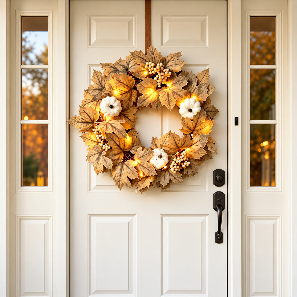 Pre-Lit White Pumpkin & Maple Leaf Autumn Wreath