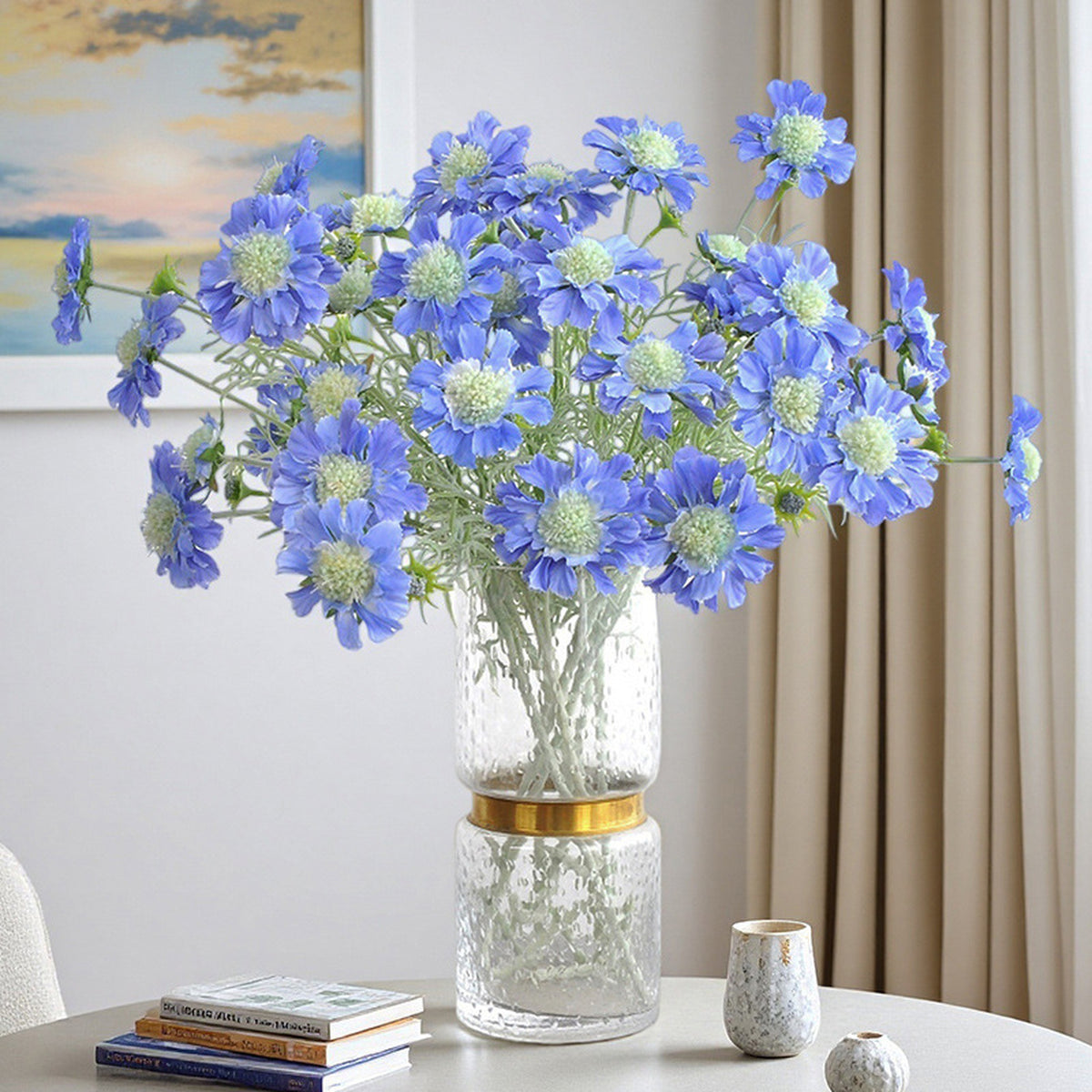 EVERIVELLE 23.6-Inch Four-Head Flocked Artificial Pincushion Flower Stem