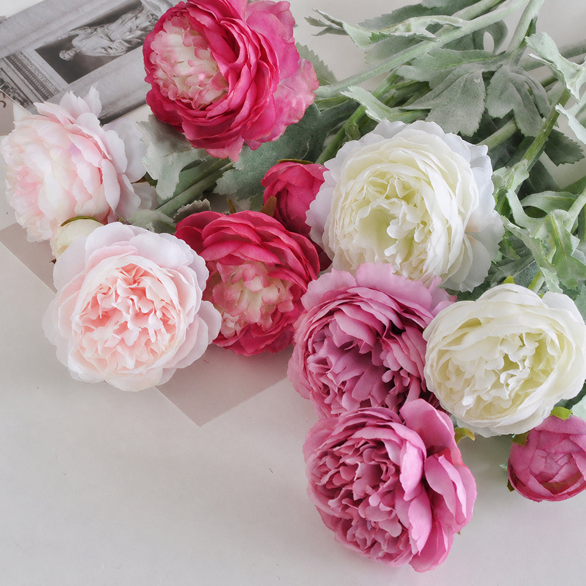 EVERIVELLE Three-Head Flocked Artificial Ranunculus Stem