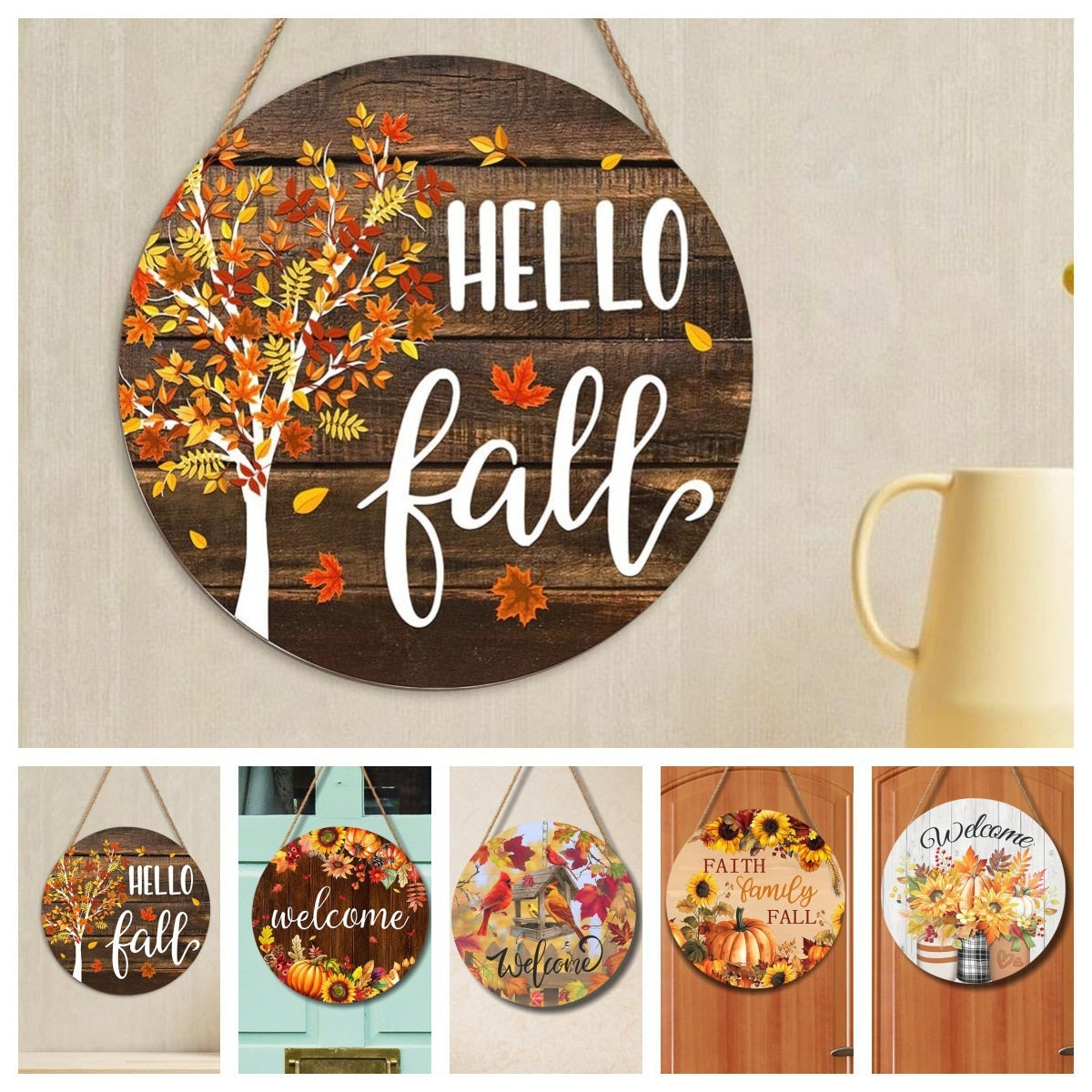 Autumn Round Wood Door Sign Collection