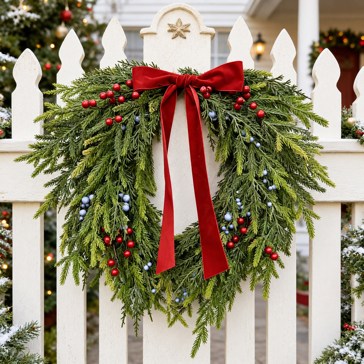 Norfolk Pine & Red Bow Christmas Wreath