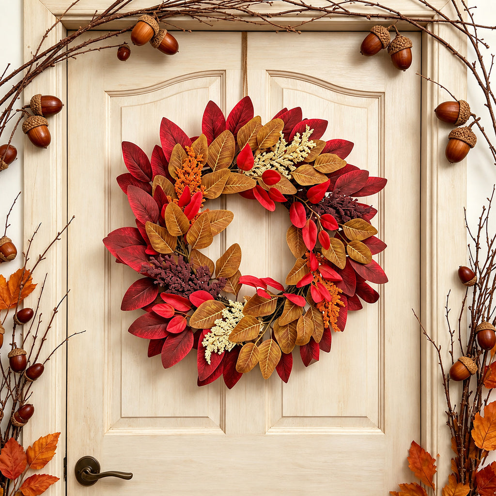 Red Maple Leaf & Pinecone Autumn Wreath