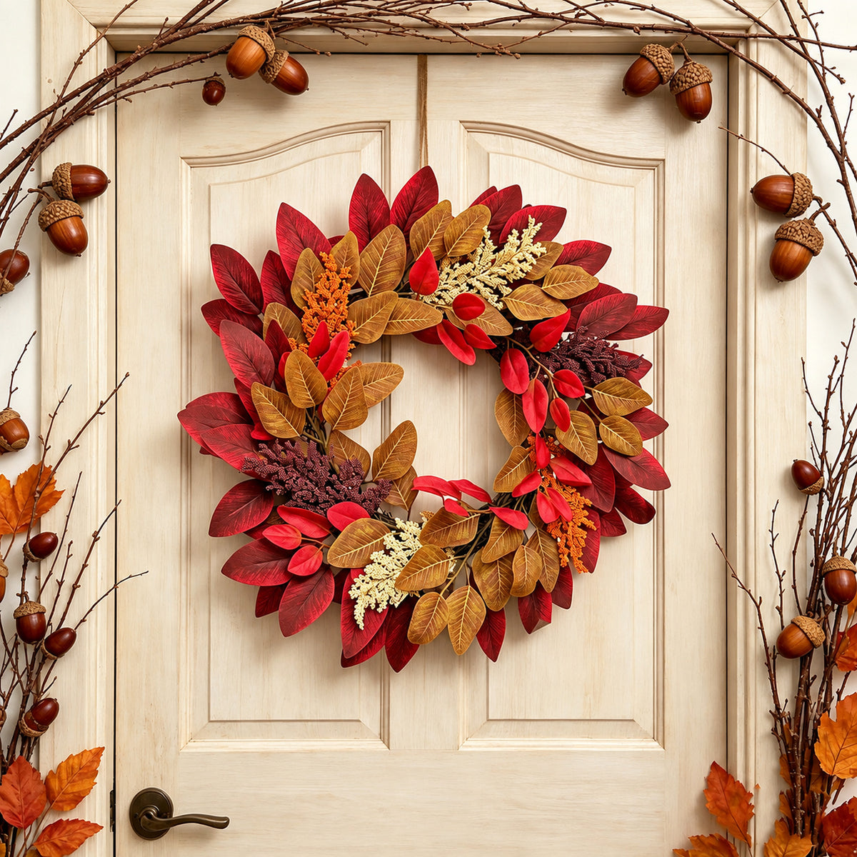 Red Maple Leaf & Pinecone Autumn Wreath