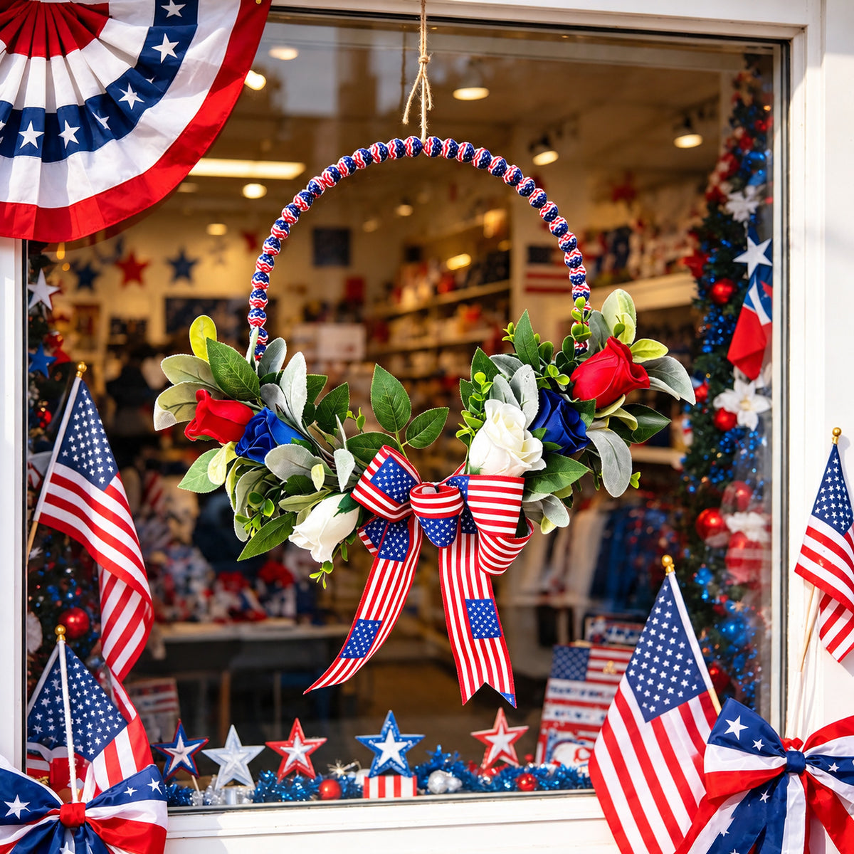 Patriotic Wood Bead Floral Door Wreath