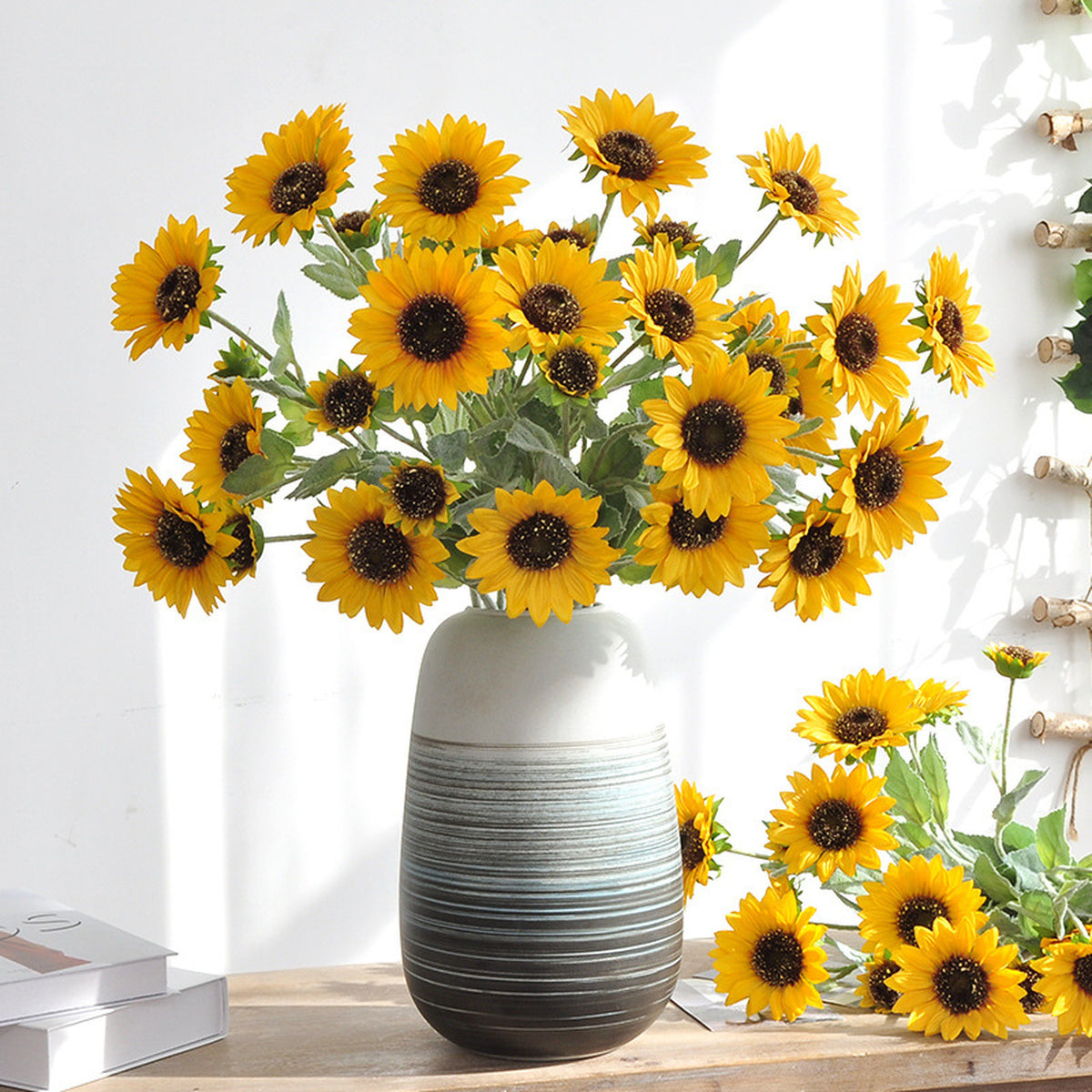 EVERIVELLE 25.6-Inch Three-Head Flocked Artificial Sunflower Stem