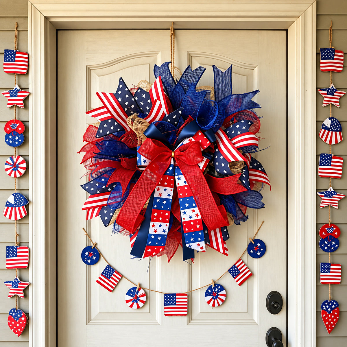 Patriotic Red, White & Blue Ribbon Bow Wreath