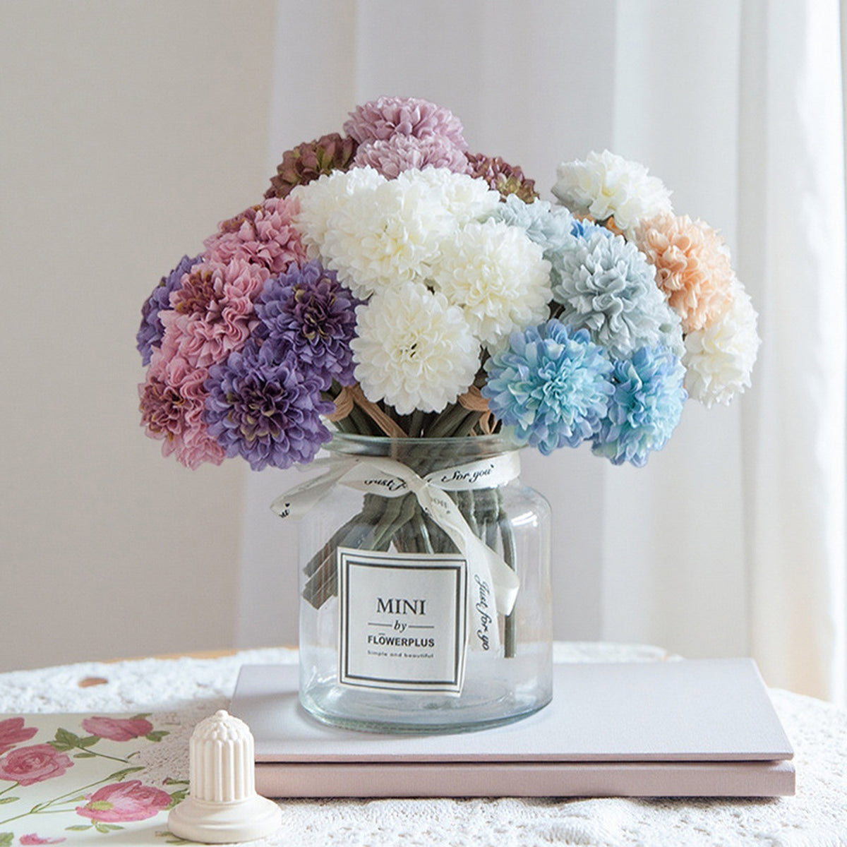 EVERIVELLE 7.5-Inch Six-Stem Mini Pom-Pom Chrysanthemum Bouquet